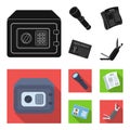 Flashlight, newspaper with news, certificate, folding knife.Detective set collection icons in black, flat style vector