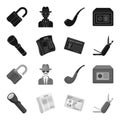 Flashlight, newspaper with news, certificate, folding knife.Detective set collection icons in black,monochrome style