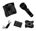 Flashlight, newspaper with news, certificate, folding knife.Detective set collection icons in black style vector symbol