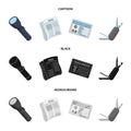 Flashlight, newspaper with news, certificate, folding knife.Detective set collection icons in cartoon,black,monochrome