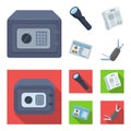 Flashlight, newspaper with news, certificate, folding knife.Detective set collection icons in cartoon,flat style vector Royalty Free Stock Photo