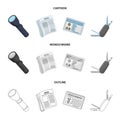 Flashlight, newspaper with news, certificate, folding knife.Detective set collection icons in cartoon,outline,monochrome