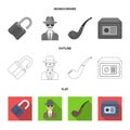 Flashlight, newspaper with news, certificate, folding knife.Detective set collection icons in flat,outline,monochrome