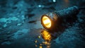A flashlight is sitting on a wet surface Royalty Free Stock Photo