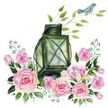 Flashlight with watercolor flowers. floral illustration, Leaf and buds. Botanic composition for wedding or greeting card