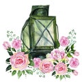 Flashlight with watercolor flowers. floral illustration, Leaf and buds. Botanic composition for wedding or greeting card