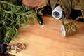 Flask, float and carabiner on a wooden board