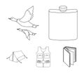 Flask, Gilet With Cartridges, Flying Ducks, Tent. Hunting Set Collection Icons In Outline Style Vector Symbol Stock