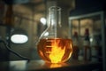 Flask glassware beaker tube chemical reagent. Pharma medicine health experiment liquid dangerous poisonous research