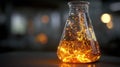 Flask with glowing liquid: chemical reaction, magic potion, or science experiment Royalty Free Stock Photo