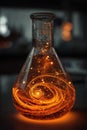 Flask with glowing liquid: chemical reaction, magic potion, or science experiment Royalty Free Stock Photo