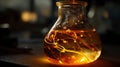 Flask with glowing liquid: chemical reaction, magic potion, or science experiment Royalty Free Stock Photo
