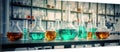 Flask scientific chemical liquid experiment laboratory test research background glassware chemistry science Royalty Free Stock Photo