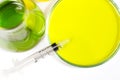 Flask, syringe and retort for chemical experiments with liquid Royalty Free Stock Photo