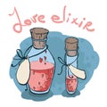 Flask and tube-test with hearts icon in hand drawn style. Love elixir.