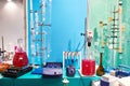 Flasks, burettes and shakers in chemical laboratory