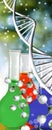 flasks filled with liquids of different colors surrounded by stylized DNA chains. Vertical banner