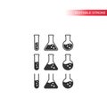 Flasks, laboratory glass black vector icon set with editable line. Royalty Free Stock Photo