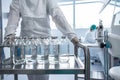 Flasks with liquids in a lab - Pharmaceutical industry factory Royalty Free Stock Photo