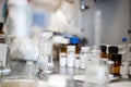 Flasks with liquids in a lab, pharmaceutical industry factory and production laboratory, chemistry concept Royalty Free Stock Photo