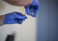 Flasks with liquids in a lab, pharmaceutical industry factory and production laboratory, chemistry concept Royalty Free Stock Photo