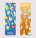 Flasks set of banners vector illustration. Different laboratory glassware and liquid for analysis, test tubes with Royalty Free Stock Photo