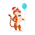 Flat adorable smiling tiger with blue balloon. Royalty Free Stock Photo