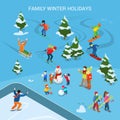 Flat adult children snowman vector. Family Winter Royalty Free Stock Photo