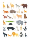 Flat african, jungle and forest animals. Cute mammals and reptiles. Wild fauna vector set isolated