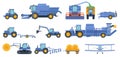 Flat agricultural machinery, farm combine, harvester and tractor. Crop duster, hay cutting machine and field cultivation