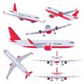 Flat airplane. Aircraft flight travel, aviation wings and landing airplanes isolated vector illustration Royalty Free Stock Photo