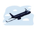 Flat airplane illustration, view of a flying aircraft. Airplane flying in the blue sky background. Royalty Free Stock Photo