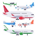Flat airplanes. Aviation float airplane, private air plane and jet aircraft isolated vector illustration set