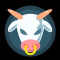 Flat alien cow head concept logo. Cartoon white animal with black evil eyes vector illustration on backdrop. Funny