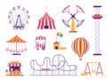 Flat amusement park roller coaster, circus tent and hot air balloon. Festival carnival ferris wheel, food kiosk and Royalty Free Stock Photo
