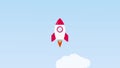 Flat animation. Rocket flying through clouds. Start project. Startup launch