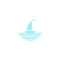 Flat aquamarine blue silhouette of boat with sail and little waving flag on the water