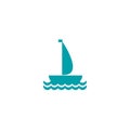 Flat aquamarine blue silhouette of boat with sail and little waving flag on the water