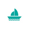 Flat aquamarine blue silhouette of boat with sail and little waving flag on the water