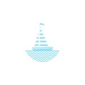 Flat aquamarine blue silhouette of boat with sail and little waving flag on the water