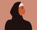 Flat Arab woman character with hijab. Face features of a Muslim adult girl in middle east region