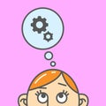 Flat art cartoon illustration of thinking gears