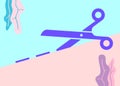 Flat art design graphic icon of scissors with cutting line on pink and blue pastel background Royalty Free Stock Photo