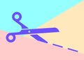 Flat art design graphic icon of scissors with cutting line on pink and blue pastel background Royalty Free Stock Photo