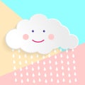 Flat art design graphic image of happy cloud with rain drops (baby shower concept) on pink and blue pastel background