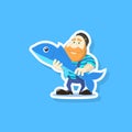 Flat art vector illustration of a cute cartoon fisherman with fish