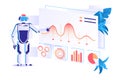 Flat automation robot for data analysis with graphs. Royalty Free Stock Photo