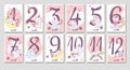 Flat baby monthly milestone cards with unicorn cats and numbers