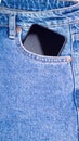 Flat background with copy space. Top view of casual women's outfit, jeans and phone