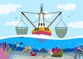 Flat background with fishing boat and sea bottom with different creatures illustration Royalty Free Stock Photo